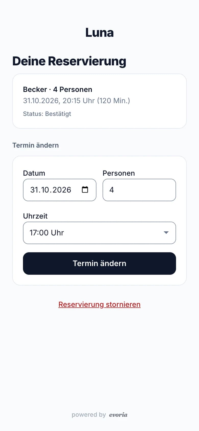 Reservierung eines Gastes im Luna mit Status bestätigt, Termin ändern oder stornieren.