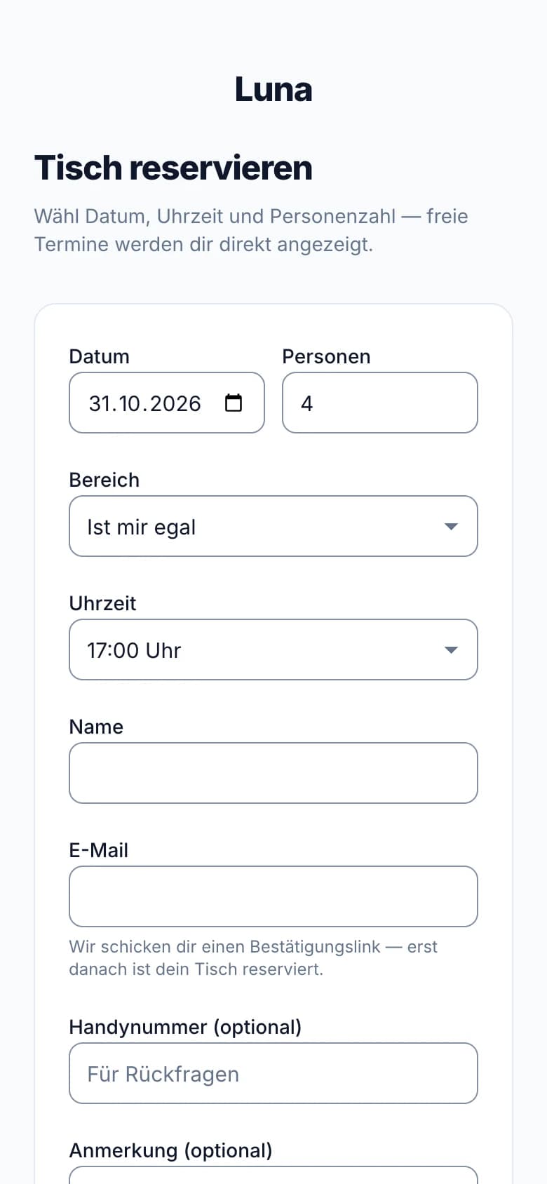 Buchungsseite des Beispiel-Lokals Luna mit Datum, vier Personen und Uhrzeit.